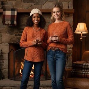 L.L. Bean Women's Orange Cable Knit Sweater
